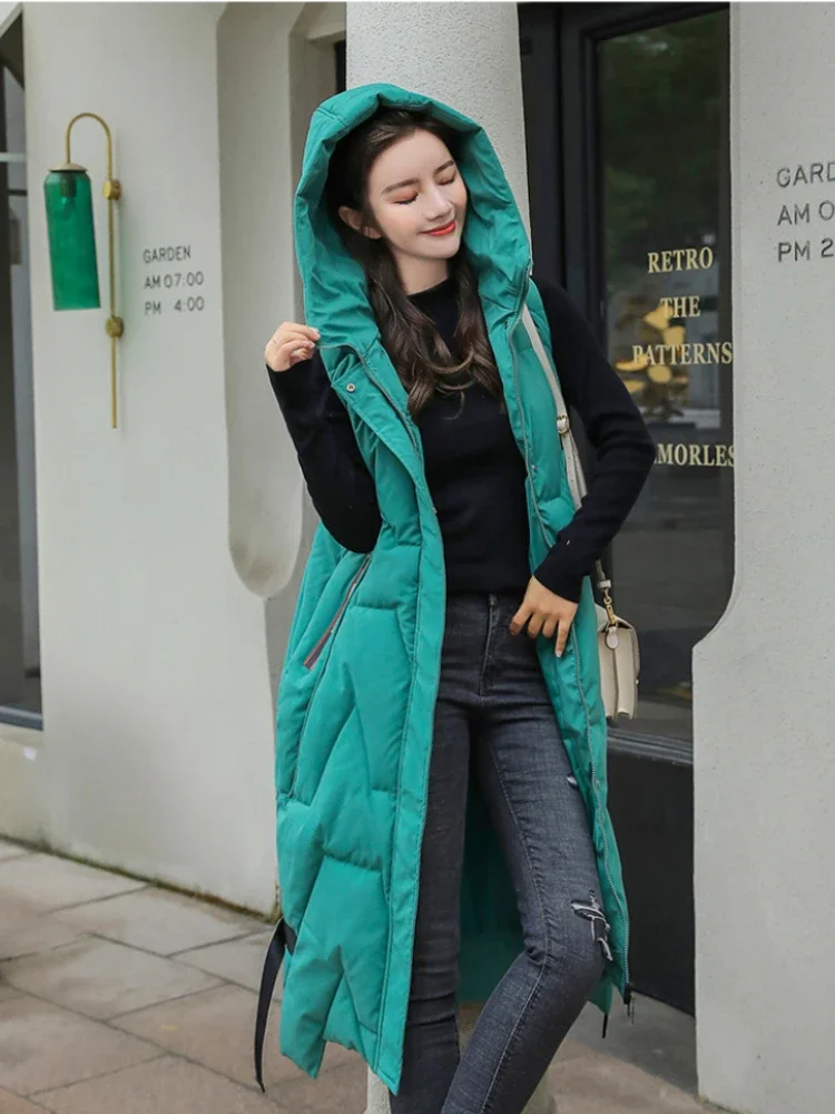 

Осенне-зимний длинный женский жилет с капюшоном, свободная зеленая мягкая женская повседневная куртка без рукавов с карманами, Теплая стеганая жилетка для женщин