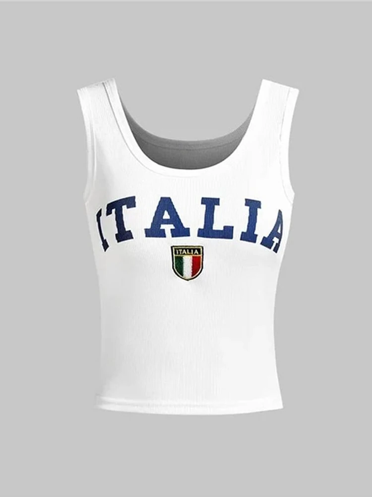 

ITALIA Letter Pattern Print Sexy Y2k Harajuku Sleeveless Crop Top Tank Tops Streetwear