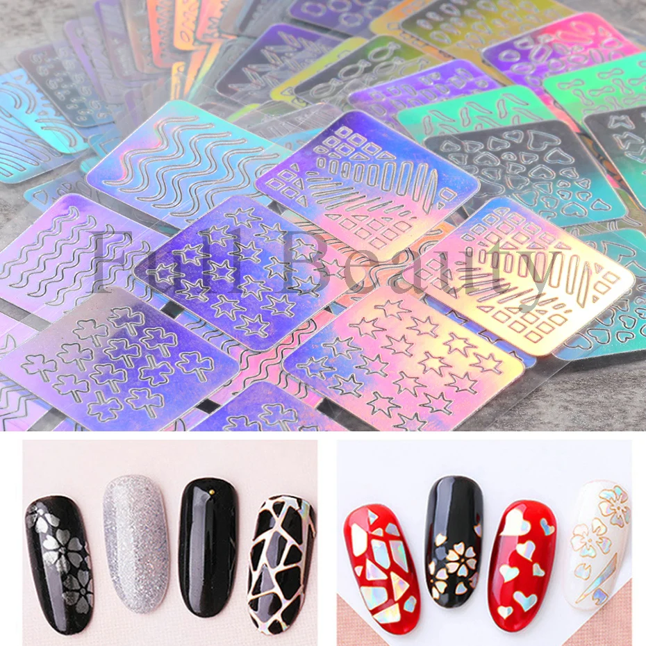 24 Sheet 3D Hollow Nail Stickers Decal Set Self Adhesive Holographic Nail  Art Template Print Slider Nail Art Decorations JI1877 - AliExpress