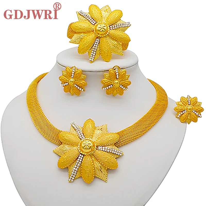 

Trend Gold Color Women Flower Fine Jewelry Sets Women Necklace Party Jewerly Necklace Nigerian African Jewelry