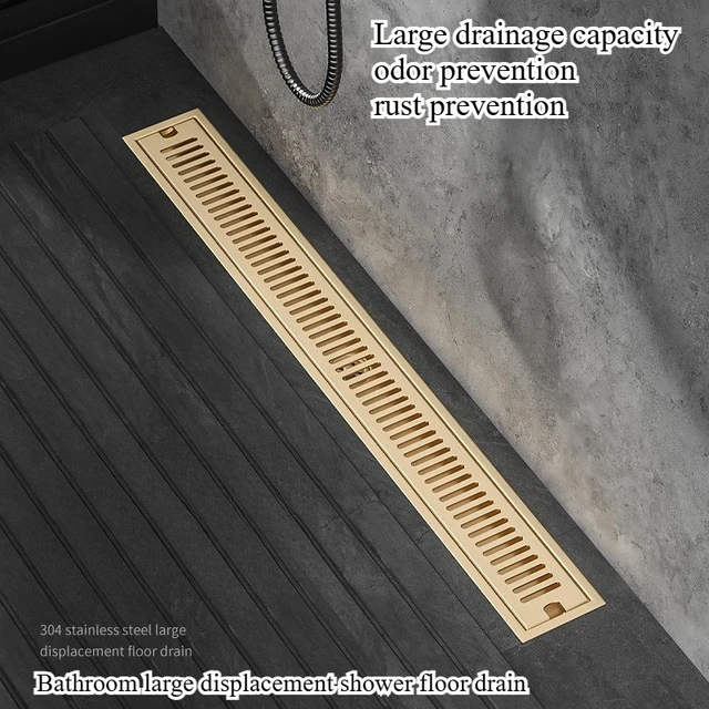 ท่อระบายน้ําชั้นแถบยาวสีทอง 304 สแตนเลสป้องกันกลิ่นระบายน้ําขนาดใหญ่ความจุ 10x60 ซม. ท่อระบายน้ําชั้นสี่เหลี่ยม 1
