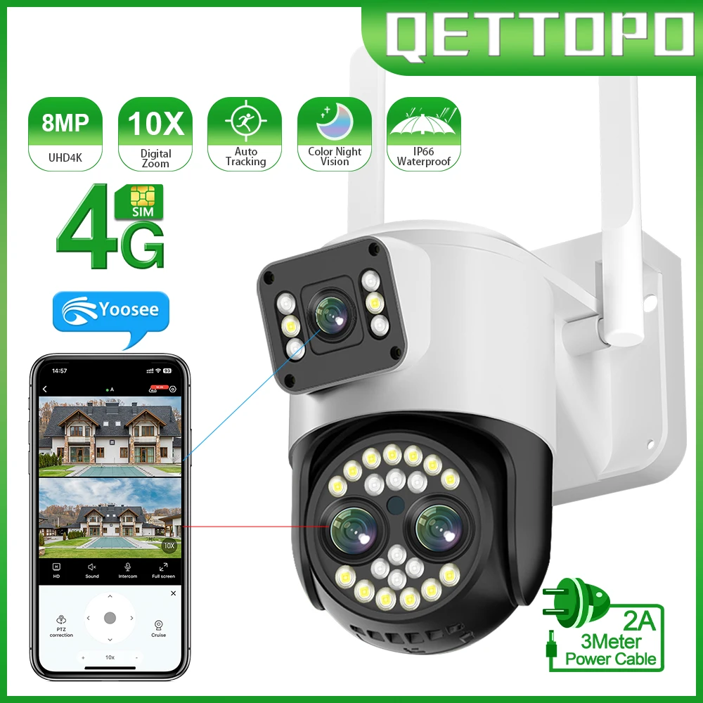 

Qettopo 4K 8MP Three Lens PTZ 4G Camera Dual Screens AI Human Tracking Outdoor WIFI Security CCTV Surveillance IP Camera Yoosee