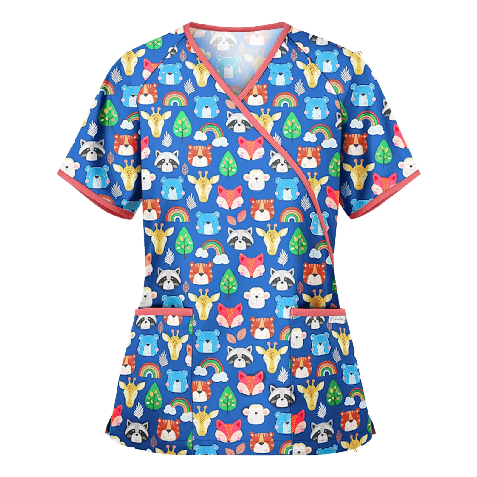 

Women Scrubs Tops Cartoon Animal Print Short Sleeve Blouse Hospital Medical Healthcare Workers Nurse Uniform Pet Care Workwear