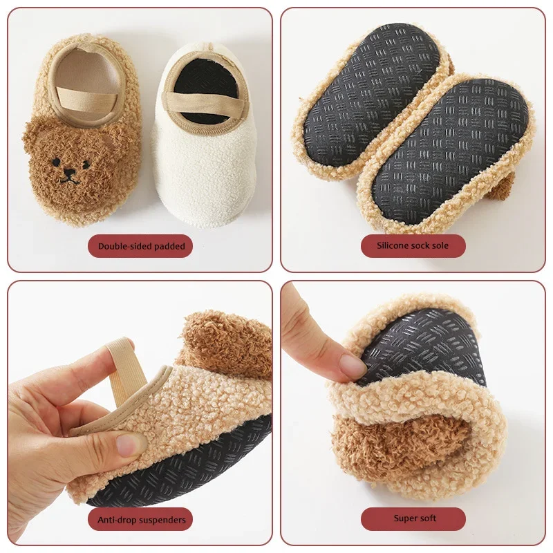 Cartoon Bear Baby Shoes Winter Thick Warm Newborn Shoes Non-slip Soled Soft Plush Toddler Kids Boy Girls Infant First Walkers 6