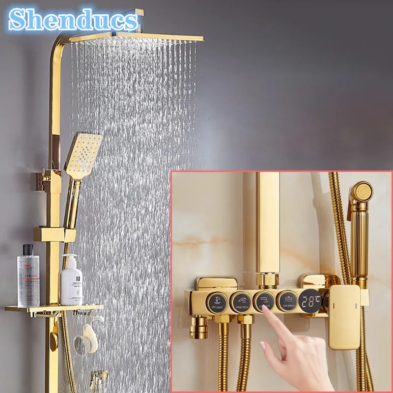 ร้อนเย็นดิจิตอลชุดฝักบัวอาบน้ําทอง Thermostatic ห้องน้ําระบบก๊อกน้ําอุปกรณ์เสริม 12 นิ้วหัวฝักบัว 1