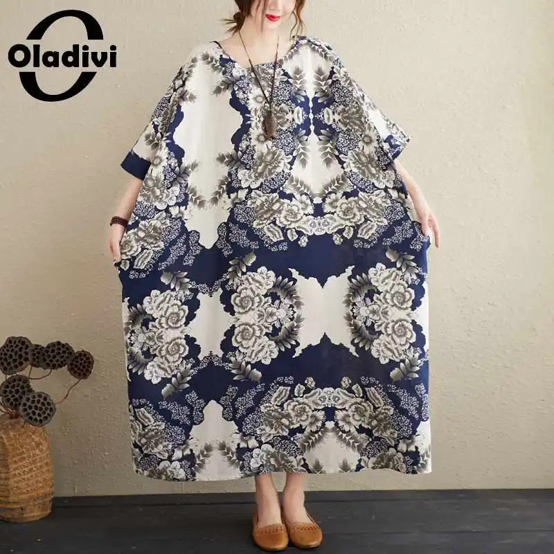 

Oladivi Oversized Clothes Fashion Print Holiday Dress Women Summer Beach Wear Casual Loose Boho Maxi Long Tunic Dresses Vestidio