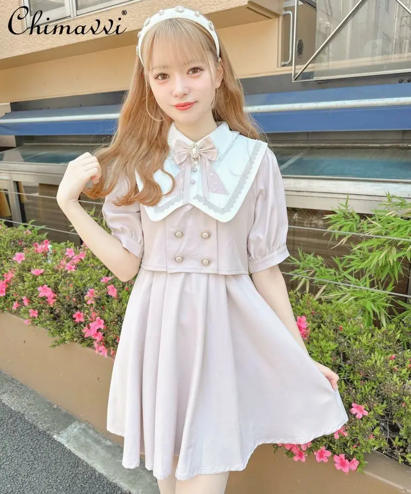 Getadme Rojita Japanese Sailor Collar Long Sleeve Dress for Women Spring Summer Sweet Lolita Bow Dress Shorts Suit Women's Two-Piece Set