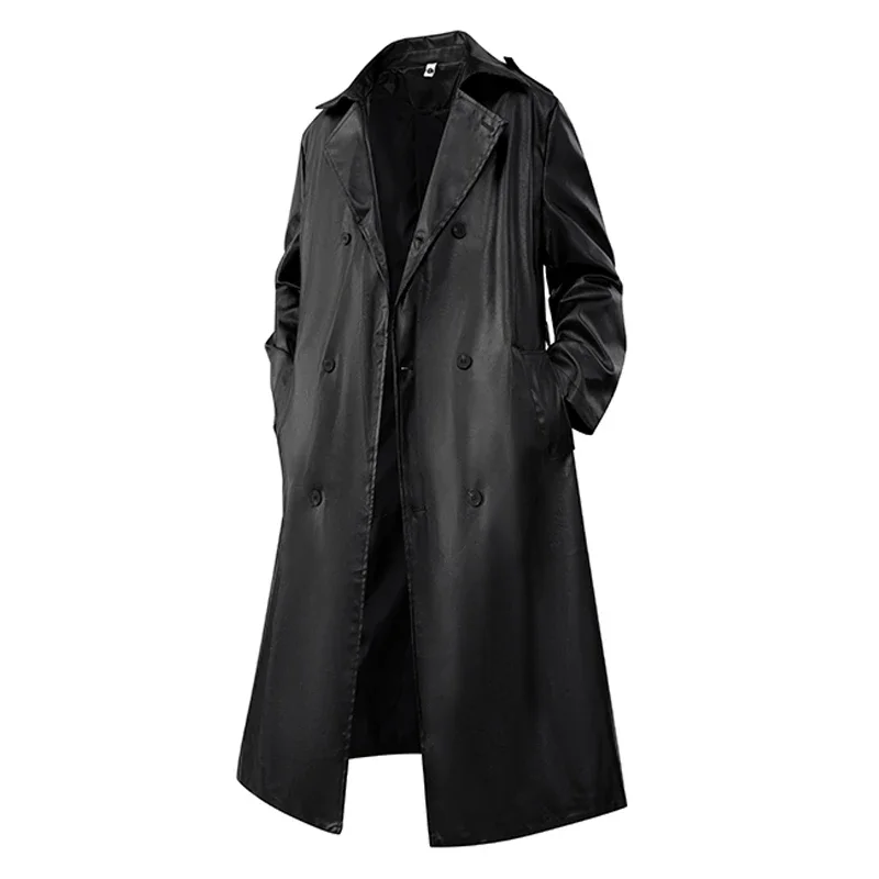 Men Long Business Casual Fashion Outerwear Male Leather Clothes Trench Coats Loose Large PU Top Coat Men's Jacket Long Trench