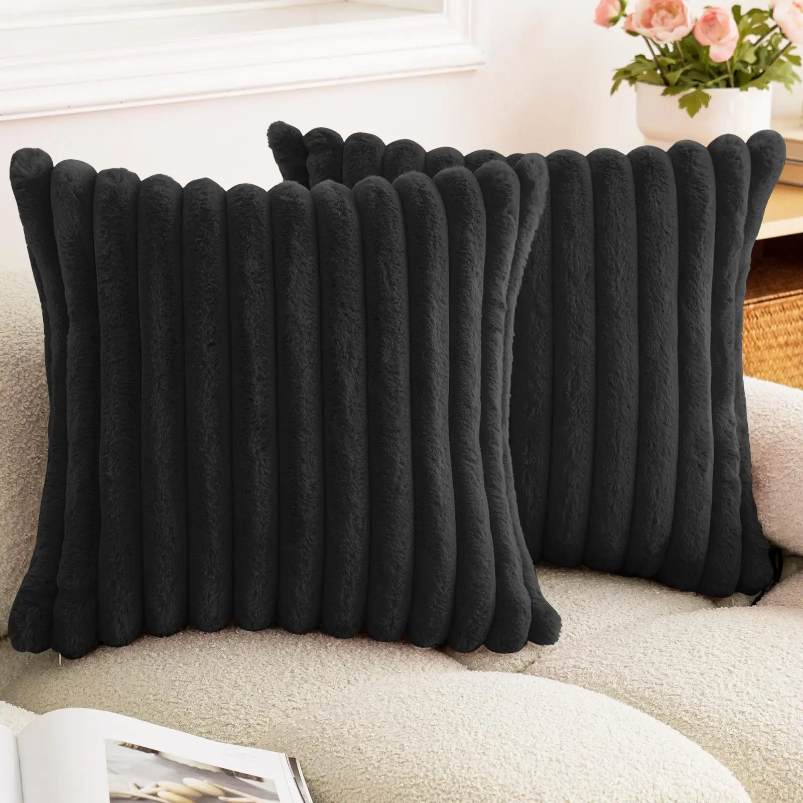 Luxurious Faux Rabbit Fur Striped Cushion Cover – Super Soft Solid Color (24×24 inch)