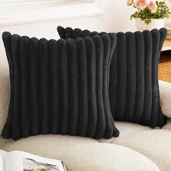 Luxurious Faux Rabbit Fur Striped Cushion Cover - Super Soft Solid Color (24×24 inch) - 60x60cm (Black)