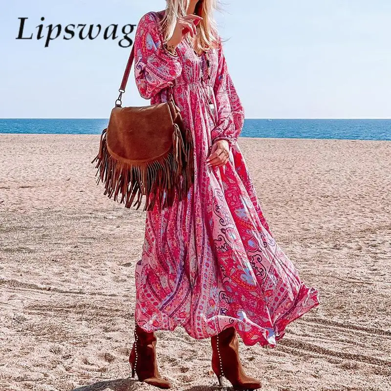 

Vintage Bohemia Print Loose Swing Beach Dress Sexy V Neck Tie-up Party Dresses Spring Autumn Fashion Casual Long Dress For Women