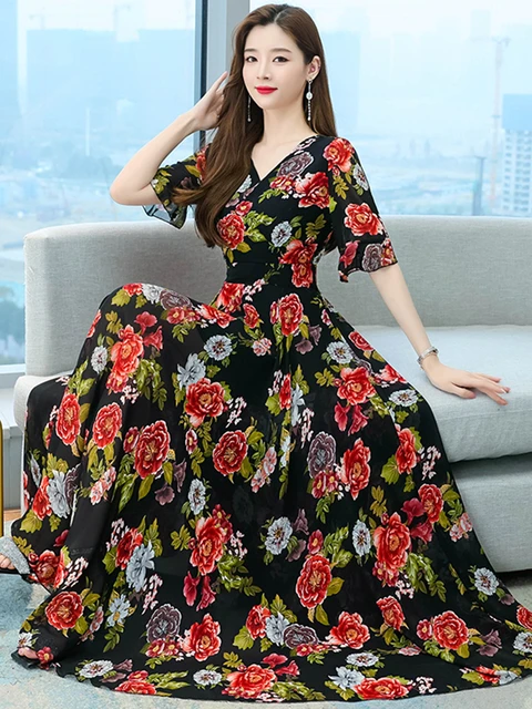 Verão feminino floral chiffon longo praia vestidos elegantes 2023 v-neck  bodycon festa alargamento manga coreano moda vintage maxi vestido -  AliExpress