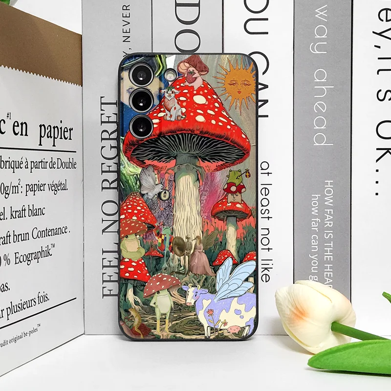 Whimsical Mushroom Collage Art Shockproof Silicone Phone Case - Soft Black Cover