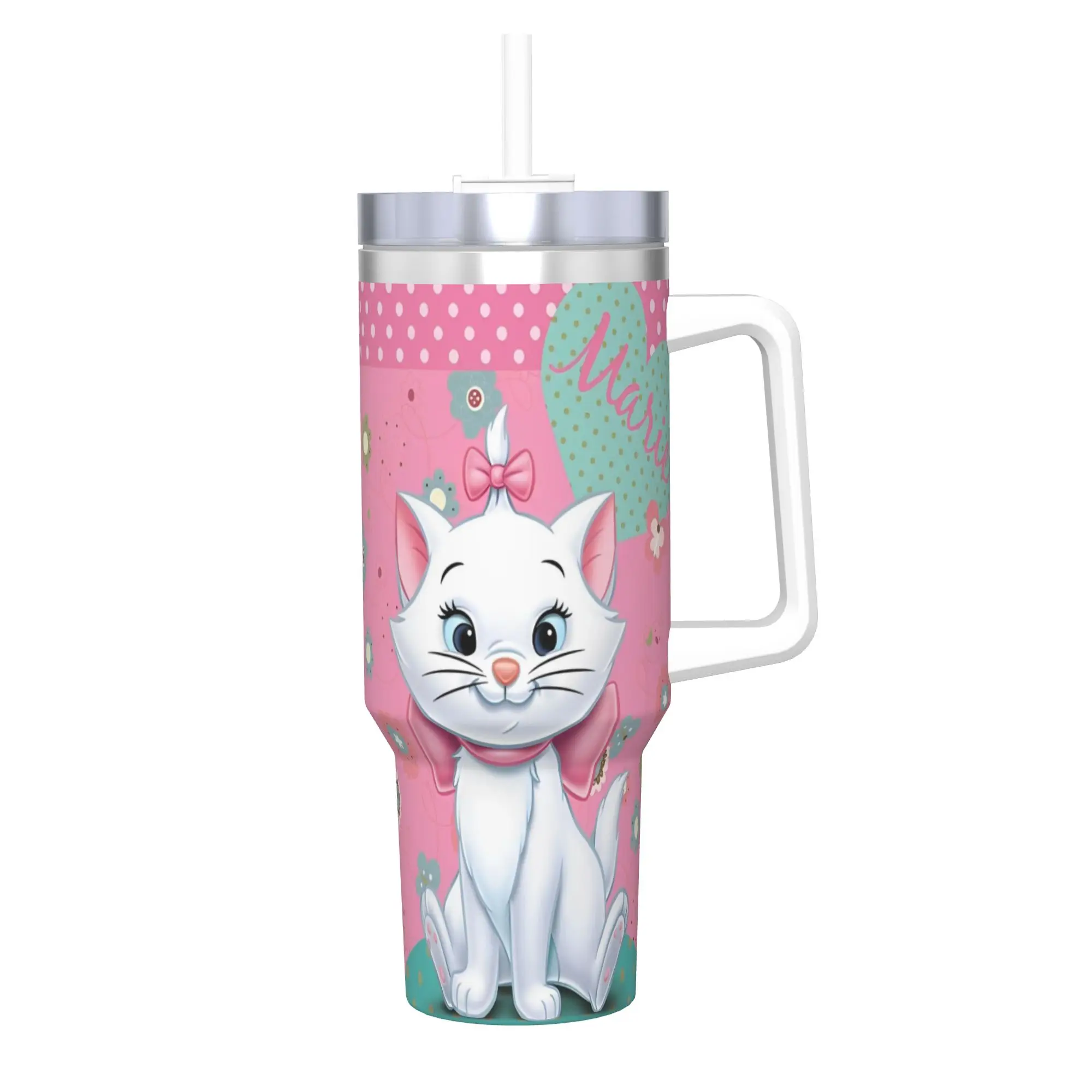 Stainless Steel Aristocats Marie Cat Tumbler with Straw - Large Capacity Thermal Mug