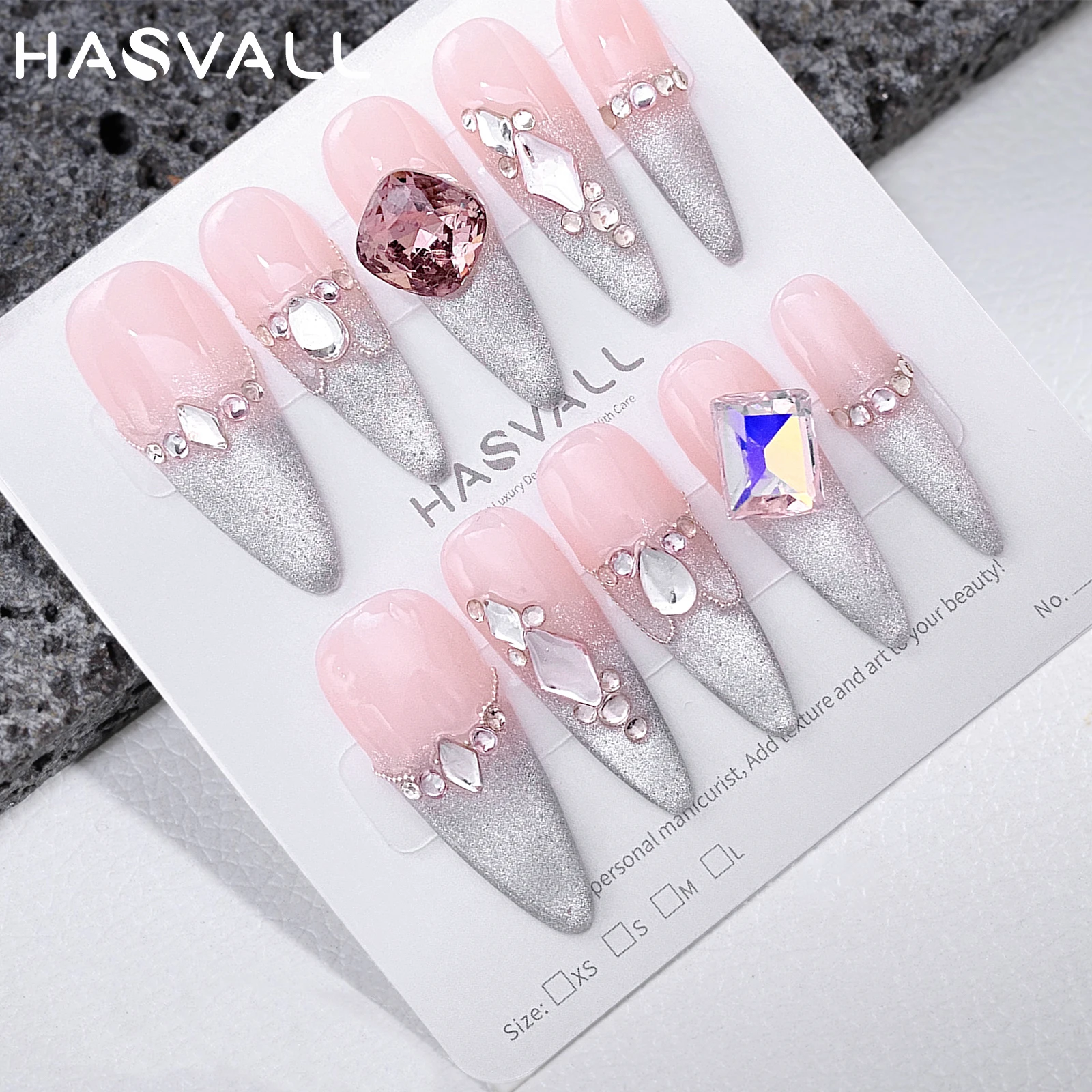 

HASVALL Pink Y2K Really Handmade Press on Nails French Long Stiletto Full Cover False Nail Tips With Rhinestones for Nail Art