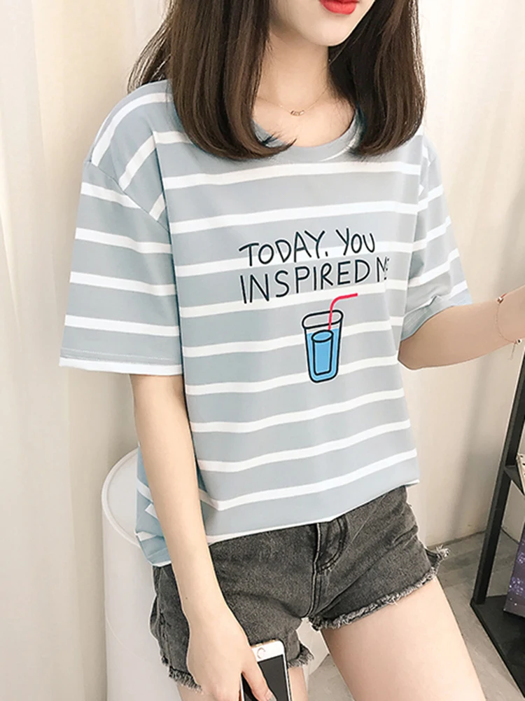 

Print T Shirt Women 2022 Summer New Striped Tshirt Short Sleeve Top Cotton Tshirts Korean Fashion Woman Clothes Tee Shirt Femme