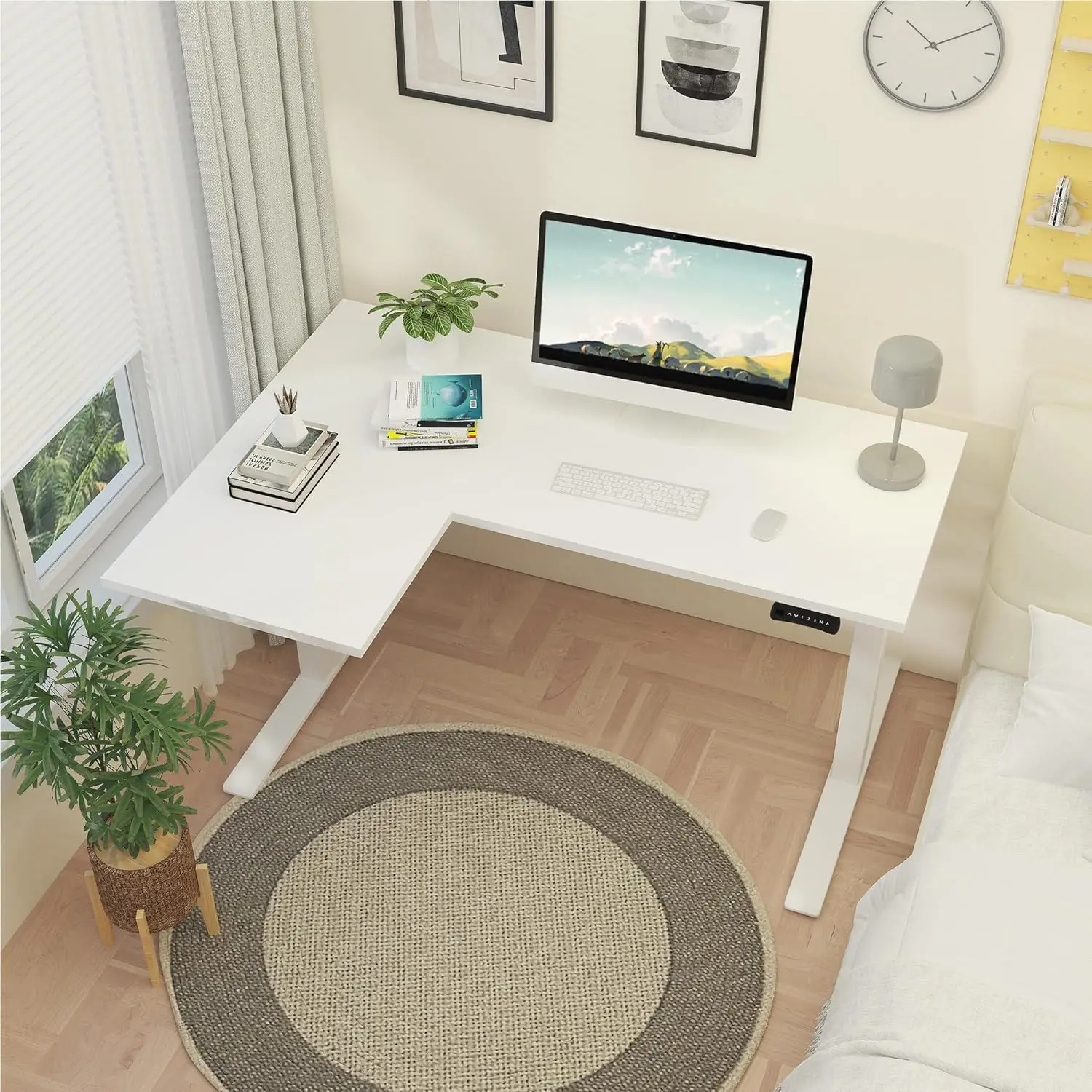 63-Inch Large Dual Motor L-Shaped Electric Height Adjustable Standing Desk-Reversible Panel-White Top/White Frame