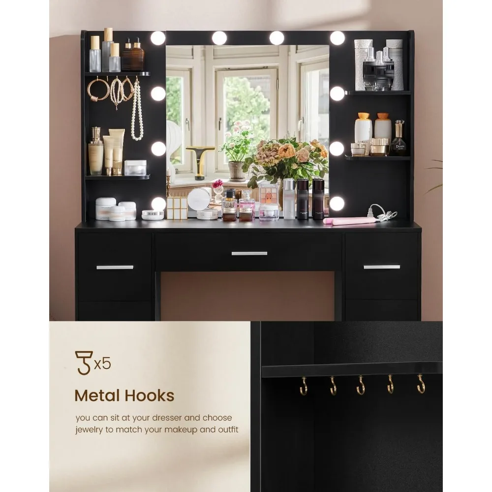 Large Vanity Desk with LED Lighted Mirror & Power Outlet,Makeup Vanity Table with 7 Drawers,4 Shelves and 5 Hooks,Vanity Table