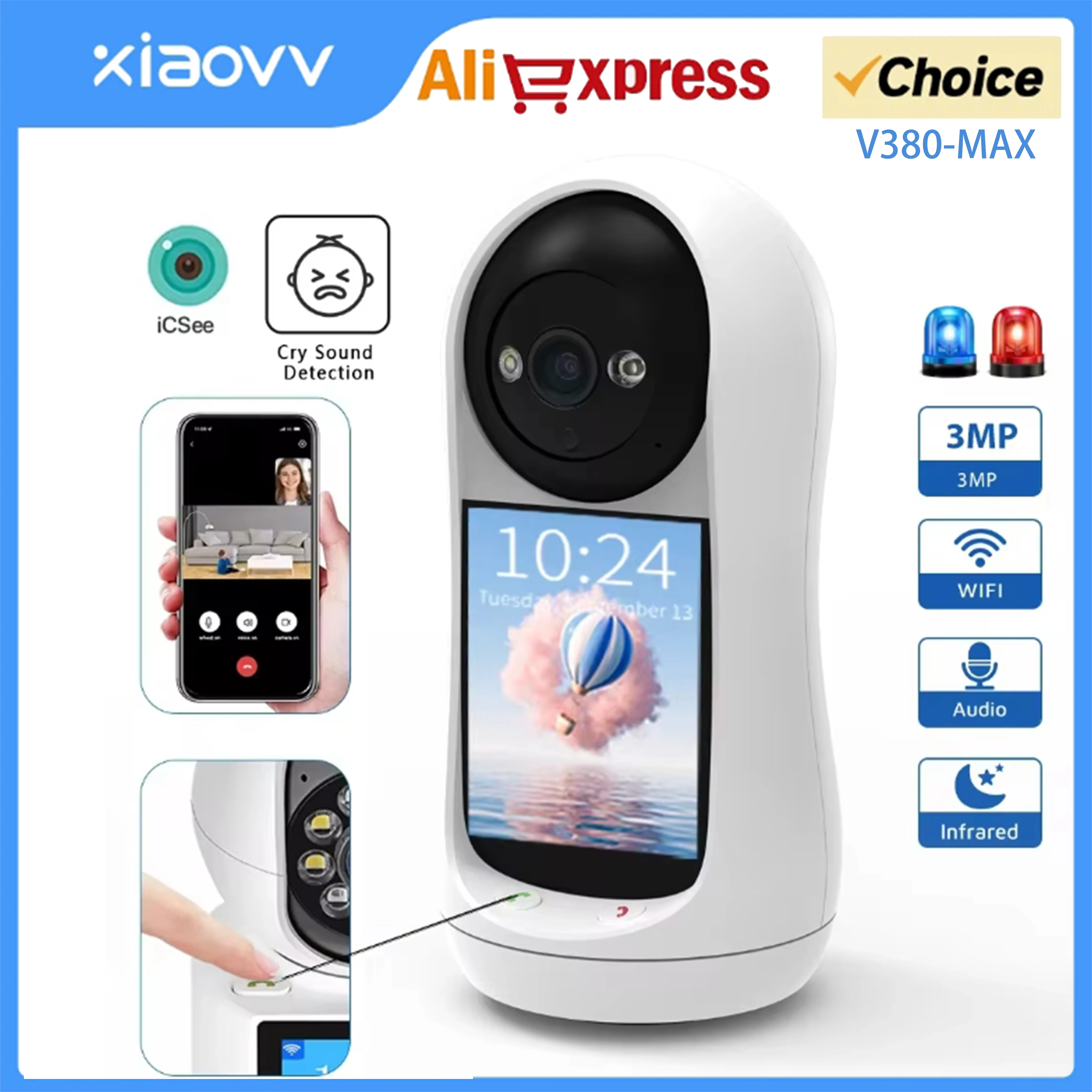 3MP PTZ Wifi Camera Video Call 2.8 Inch IPS Screen Baby Cry Sound Detection Security IP Camera Baby Monitor iCSee security camera,wireless baby monitor,video baby monitor