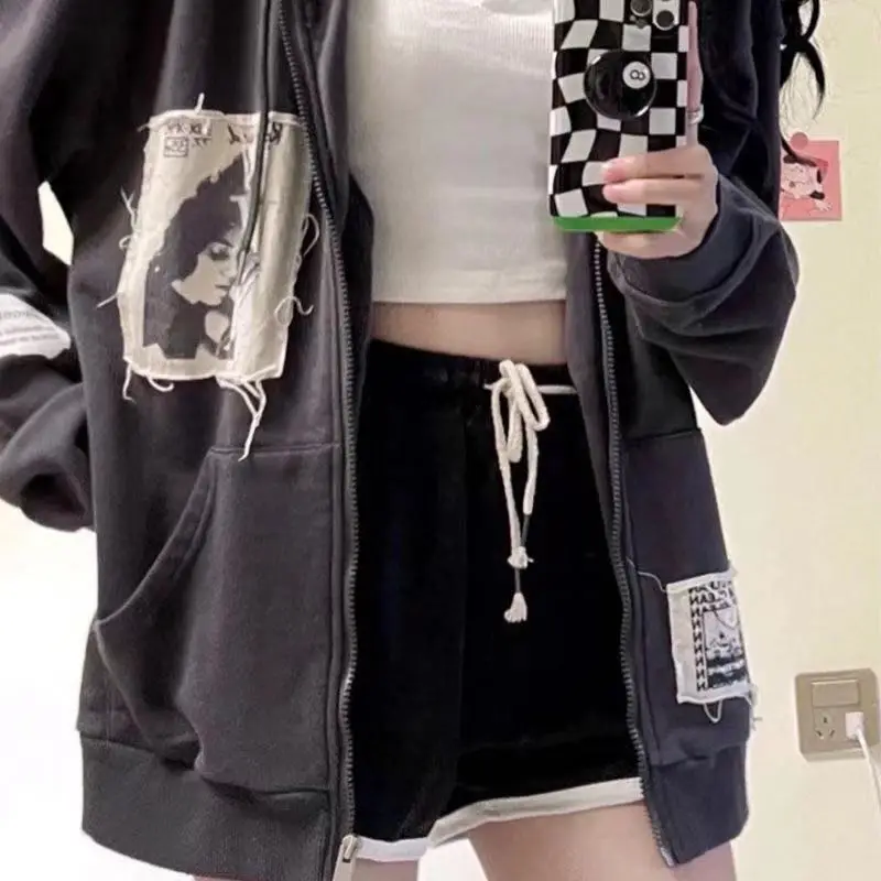 

Hoodies Women Sweatshirts Fleece 2022 Goth Punk Embroidery Outwear Hooded Autumn Winter Jacket Flame Harajuku Loose Cotton