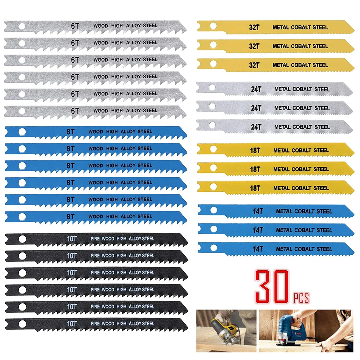 Jig saw blades 30/24Pcs Jig Saw Blade Set HCS Assorted Saw Blades Sharp Fast Cutting for Bosch DEWALT Jig Woodworking Tools