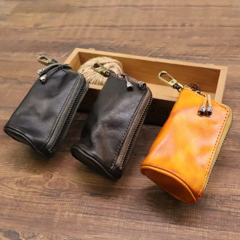 

New Men Pu Leather Key Bag Key Chain Holder Portable Casual Fashion Retro Zipper Home Storage Bags Double Key Pack Car Bag Males