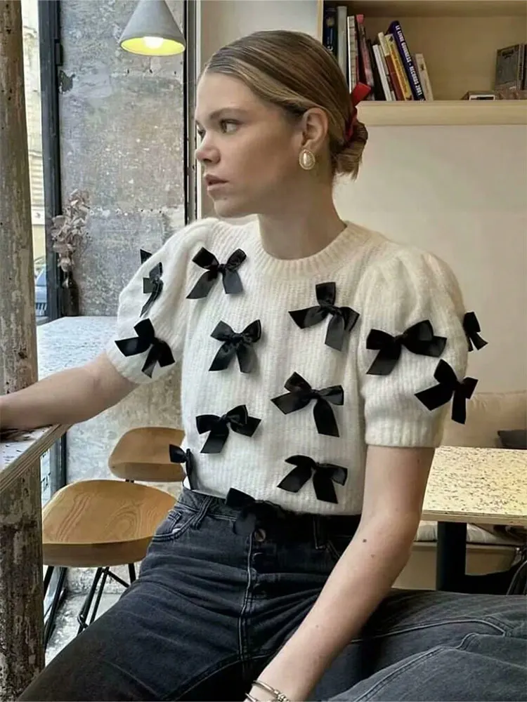 HH Spring Women Cute White Short Sleeve Sweater With Bow Decoration O-Neck Warm Knitted Pullover Autumn Casual Cropped Sweaters