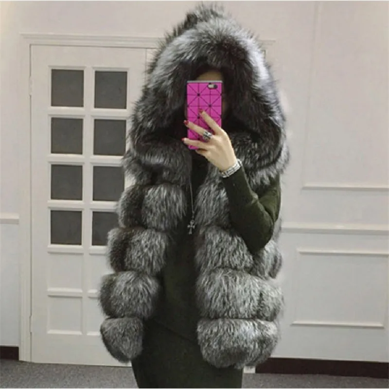 Winter New Women Faux Fox Fur Coat Plush Fashion Warm Slim Sleeveless Waistcoat Large Size 4xl Hooded Fake Fur Gilet 2023
