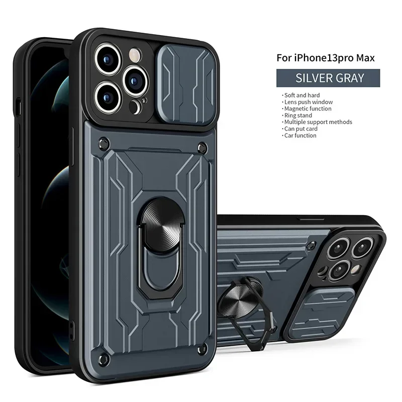 Luxury Shockproof Case with Rotating Metal Ring Stand and Card Slot