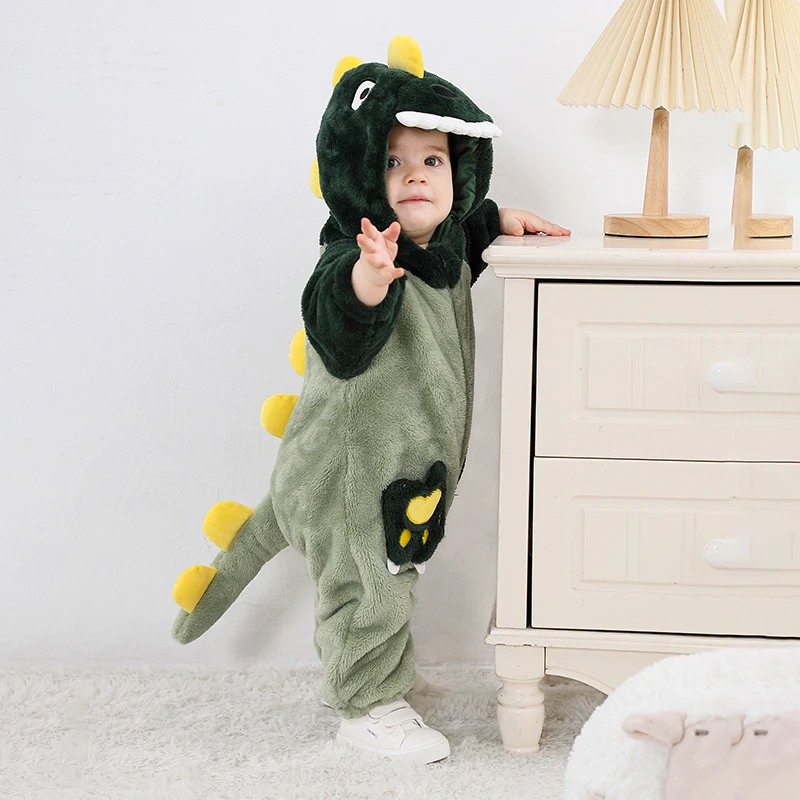 Tuta Invernale Dinosauro Per Neonato – Pigiama Flanella Unisex Con Cappuccio, Costume Carnevale E Festa, Per 0-36 Mesi, Caldo E Morbido