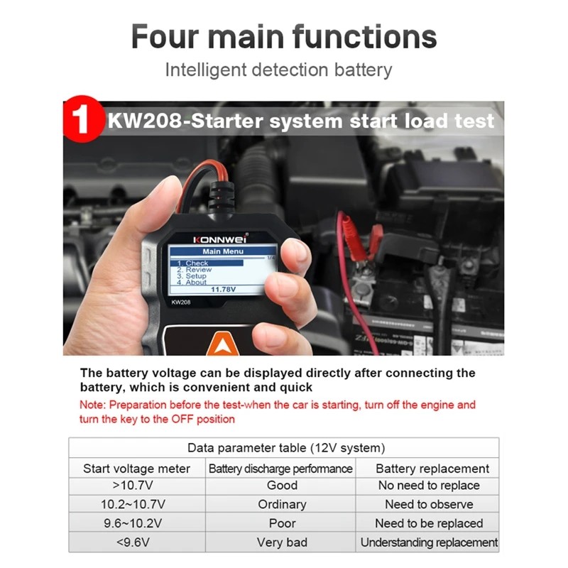 KONNWEI 자동차 디지털 배터리 용량 테스터 테스트 도구, KW208, 12V, 100-2000CCA