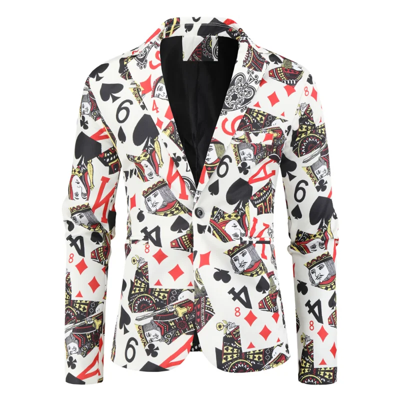 

Fashion Style Mens Korean Version Poker Printed Perform Blazer Vintage Blazer for Men Casual Business Party Wedding Dress