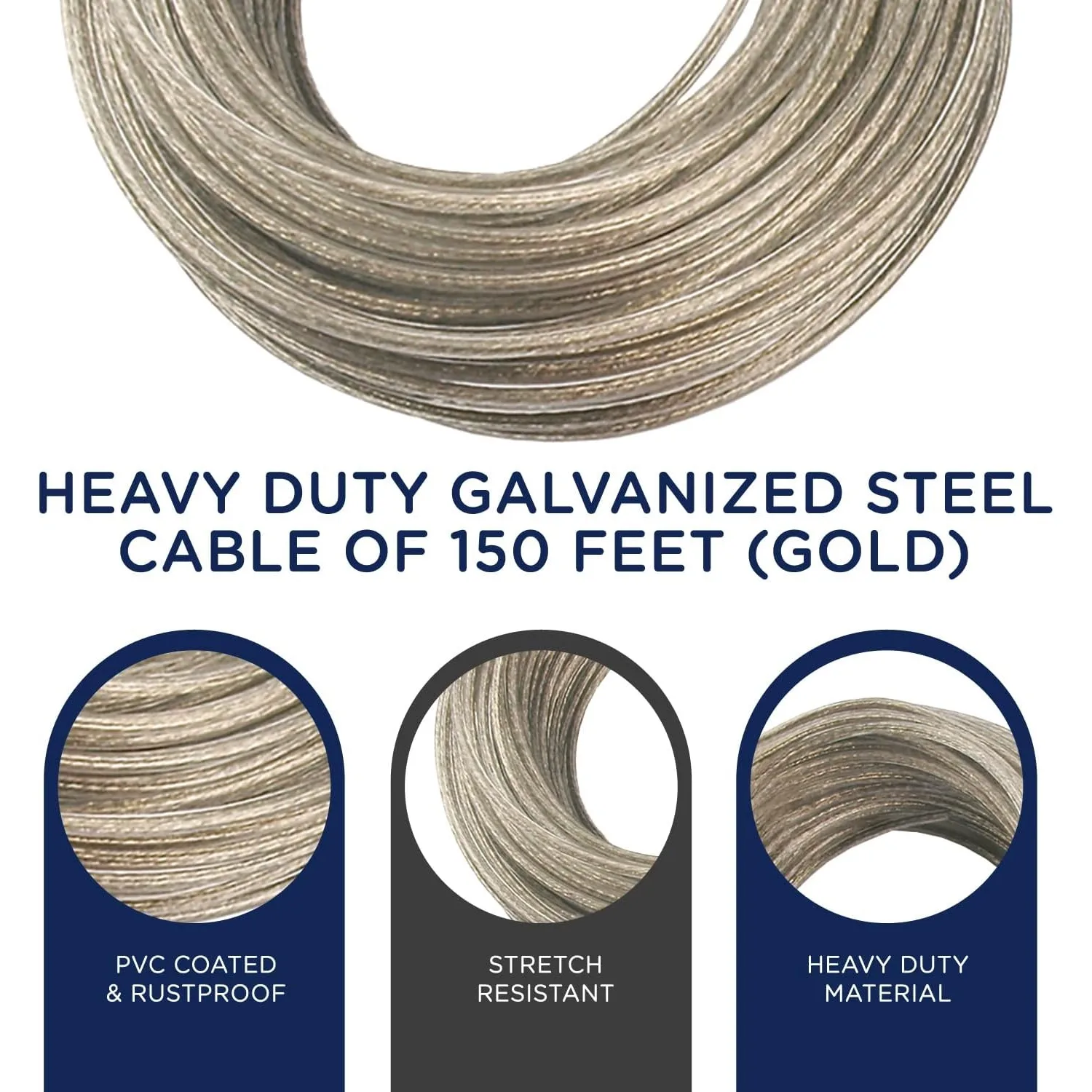 Clothesline Outdoor Heavy Duty Kit - 150 Feet Galvanized Wire Gold PVC Coating, 6.5" Clothesline Pulley 2pcs 3