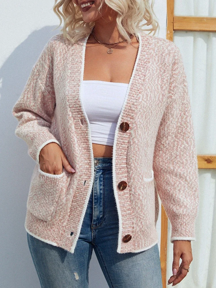 

Women's Sweater New In Autumn Winter New Fashion Cusual Contrast Color Knitwear Cardigan Button Long Sleeve Big Pocket Warm Tops