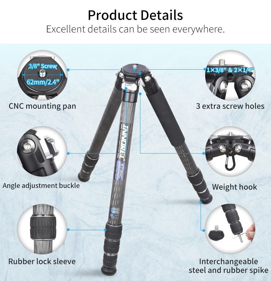 KT364C Professional Carbon Fiber Tripod for DSLR Camera Heavy Duty 36mm 10 Layer