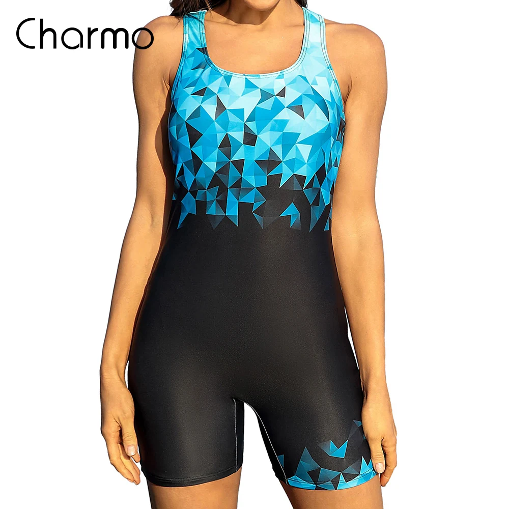 

Charmo Women's Swimsuit One Piece Women Swimwear Boyleg Sport Swimsuits Patchwork Beachwear Open Back Bathing Suit