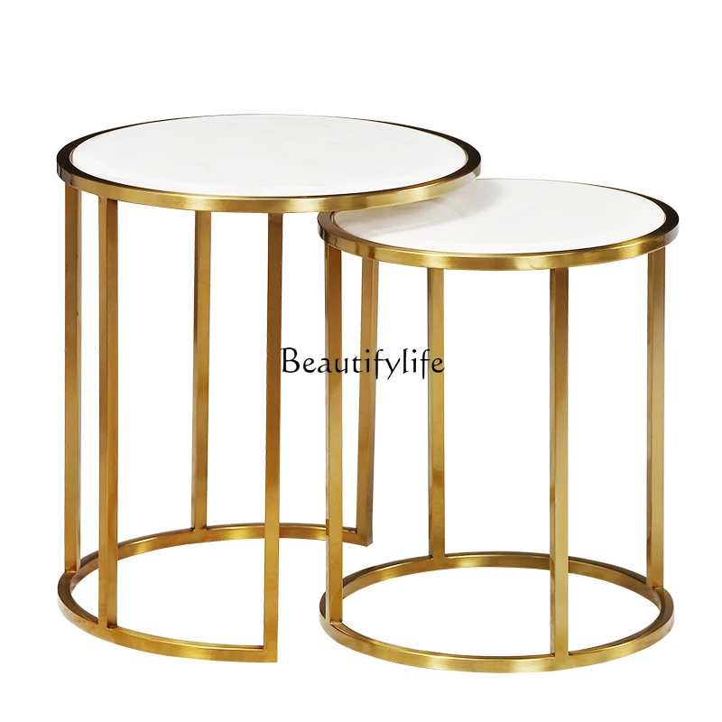 

Mild Luxury Marble Post-Modern Simple Tempered Glass Stainless Steel round Small Coffee Table Combination