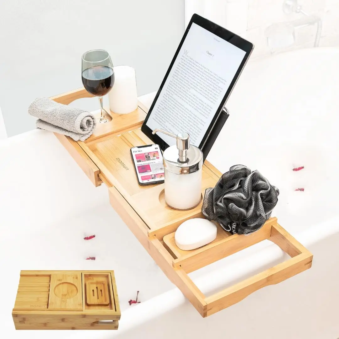 Foldable Bamboo Bathtub Tray Caddy -Expandable Bath Tray for Tub Secure Non-Slip Bathtub Caddy for Tub Bath Accessories
