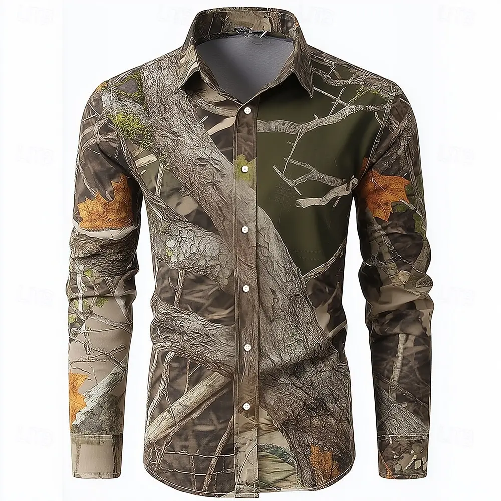 Camicia mimetica mimetica da uomo Camicia stampata in 3D alla moda Camicia abbottonata da esterno Camicia casual a maniche lunghe Camicetta da strada per uomo - immagine 2