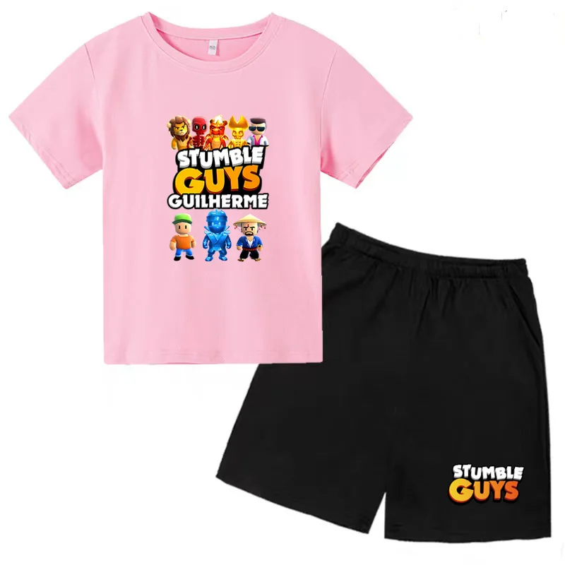 Kids clothing set 3-12yrs boys girls cartoon STUMBLE GUYS print T-shirt + shorts 2P outdoor sports leisure set