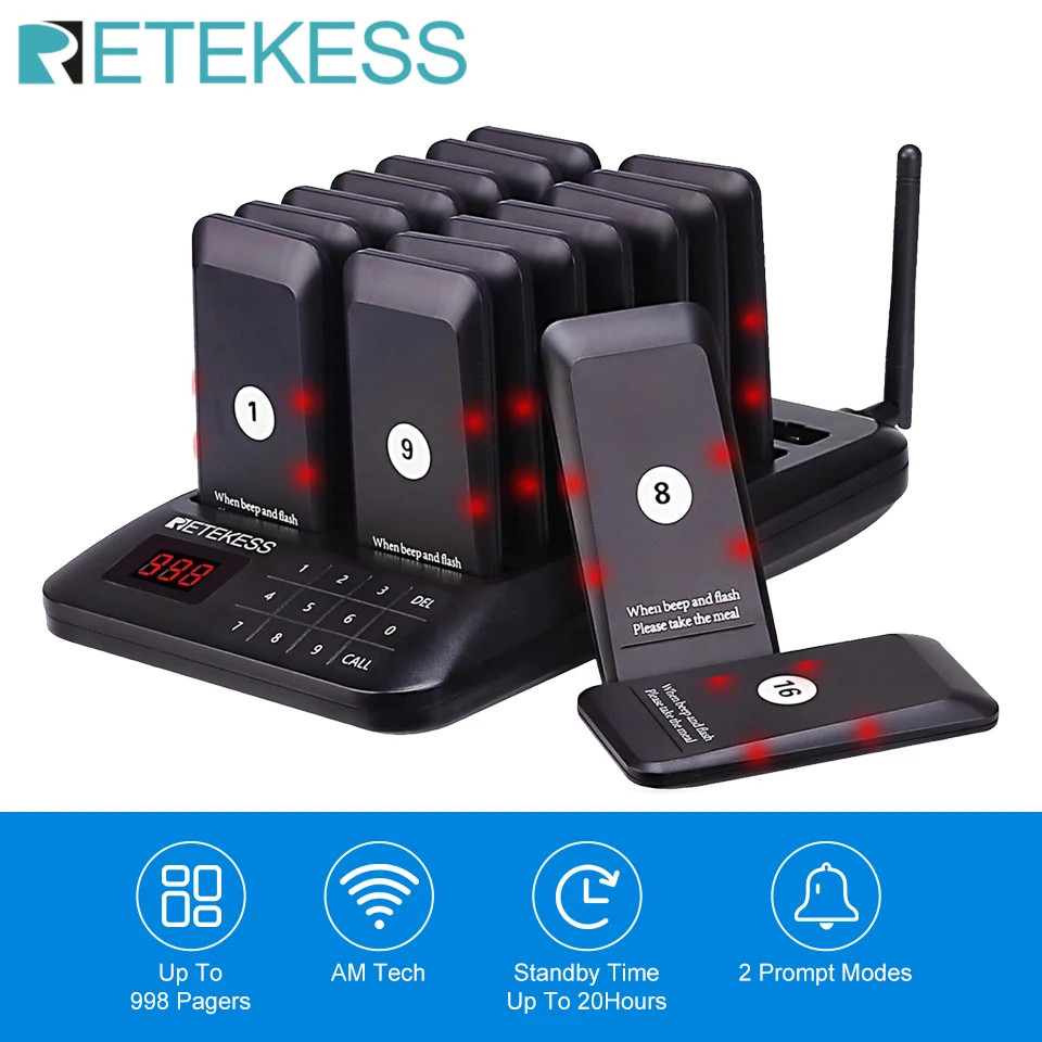 Retekess TD157 Pager For Restaurant Calling System 16 Coasters Buzzer Pager Receiver Guest Queuing For Food Truck Bar Cafe Club