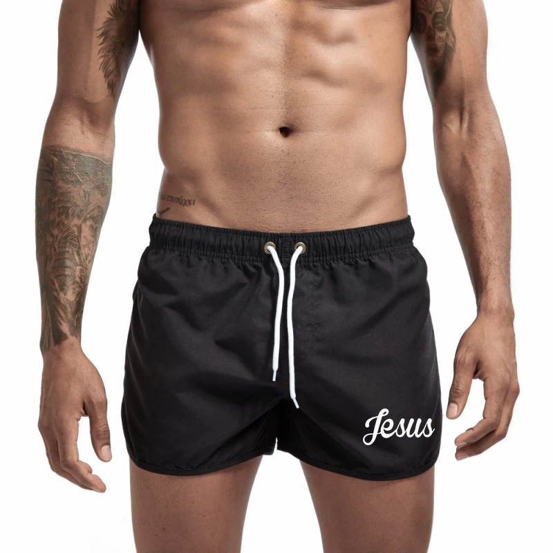 

Tuveke Men's Jesus Print Design Summer Casual Sports Quarter Pants Breathable Loose Solid Color Fashion Men's Quarter Pants