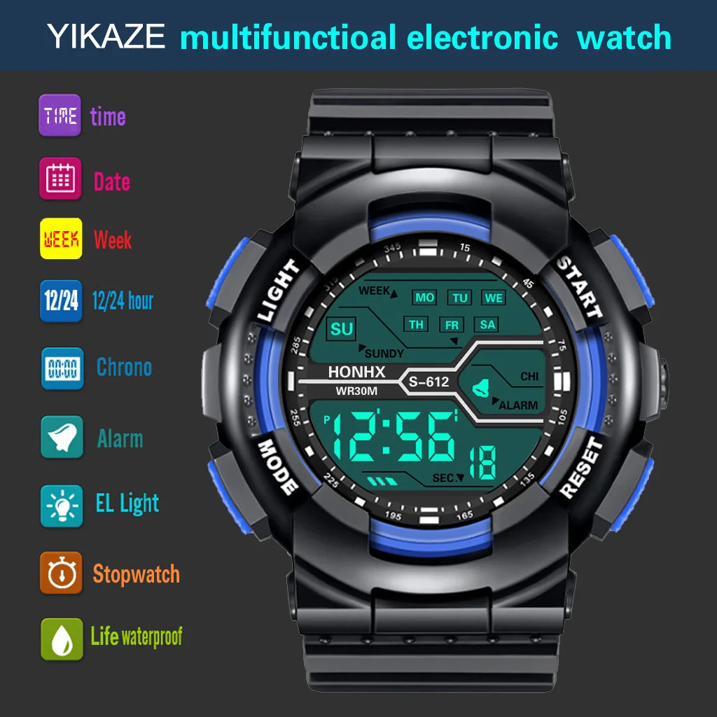 YIKAZE Multifunction Men's Sports Watch LED Digital Watch Big Dial Waterproof Luminous Men Sport Watch Electronic Watches images - 6