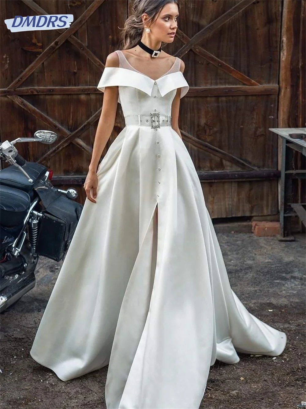 

Vintage Scoop Off The Shoulder Bridal Gown Sexy Slit Beads Belt Zipper Satin a-Line Wedding Dress Vestido De Noiva