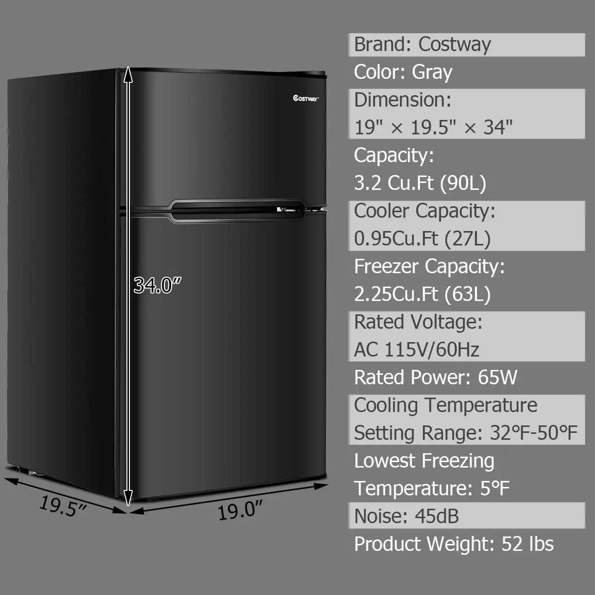 Compact Refrigerator 3.2 Cu Ft. Unit 2-Door Mini Freezer Cooler Fridge with Reversible Door, Removable Glass Shelves