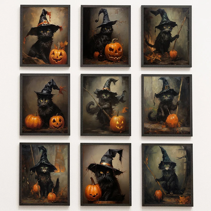 

Witch Cat Halloween Wall Art HD Canvas Paintings and Prints Vintage Style Wall Decoration For Living Room Home Decor Frameless