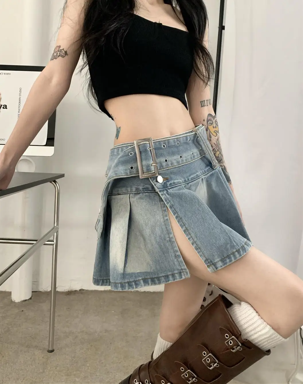

Y2K Denim Skirts Women Low Waist Jeans Shorts with Belt Pleated Skirt Sexy Split Vintage Streetwear Hip Pop Harajuku Korean