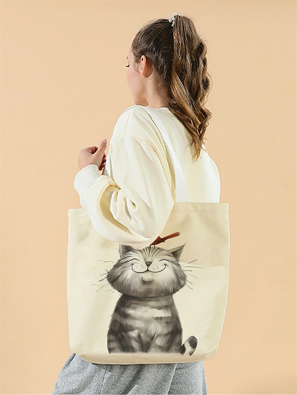 1pc, lazy style cat handbag, reusable fashionable handbag, multifunctional handbag, printed canvas shopping bag