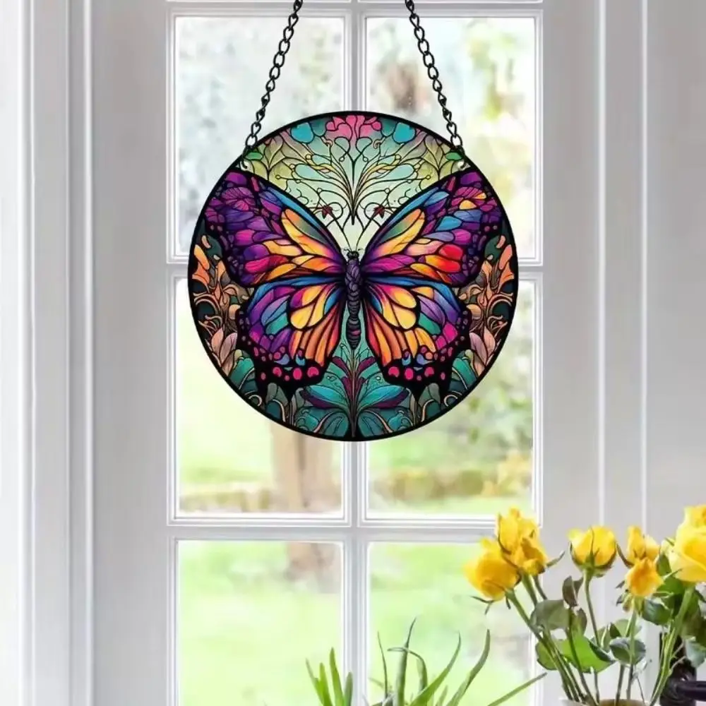 Round Butterfly Painted Window Decoration Wall Art Decor Window Hanging Suncatcher Exquisite Acrylic Hanging Wall Decoration Colorful Creative Stained Window Suncatcher