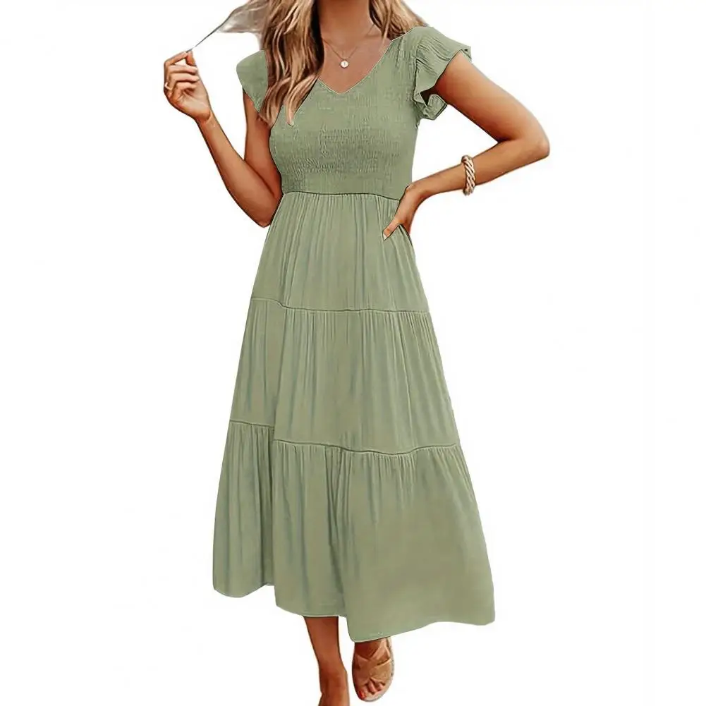 

Elegant Women Dress Pleated A-line Midi Dress with Flying Sleeves V Neck Commuting Dress